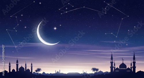 Night Sky Over Silhouetted Mosques and Crescent.