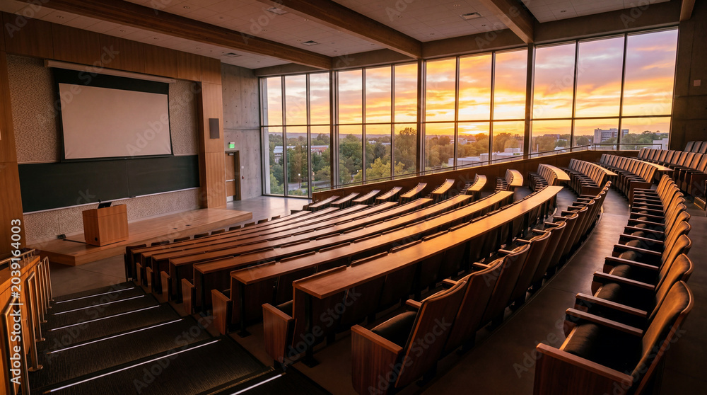 Fototapeta premium Sunset glow illuminating empty modern lecture hall with warm orange light spilling across the interior