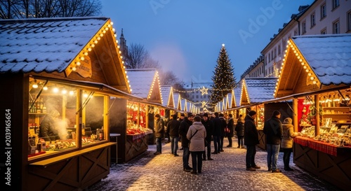 Cozy Winter Market Street Festival with Festive Lights.