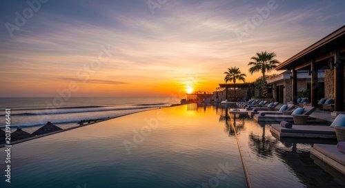 Sunset Resort Pool Over Ocean With Palm Trees.