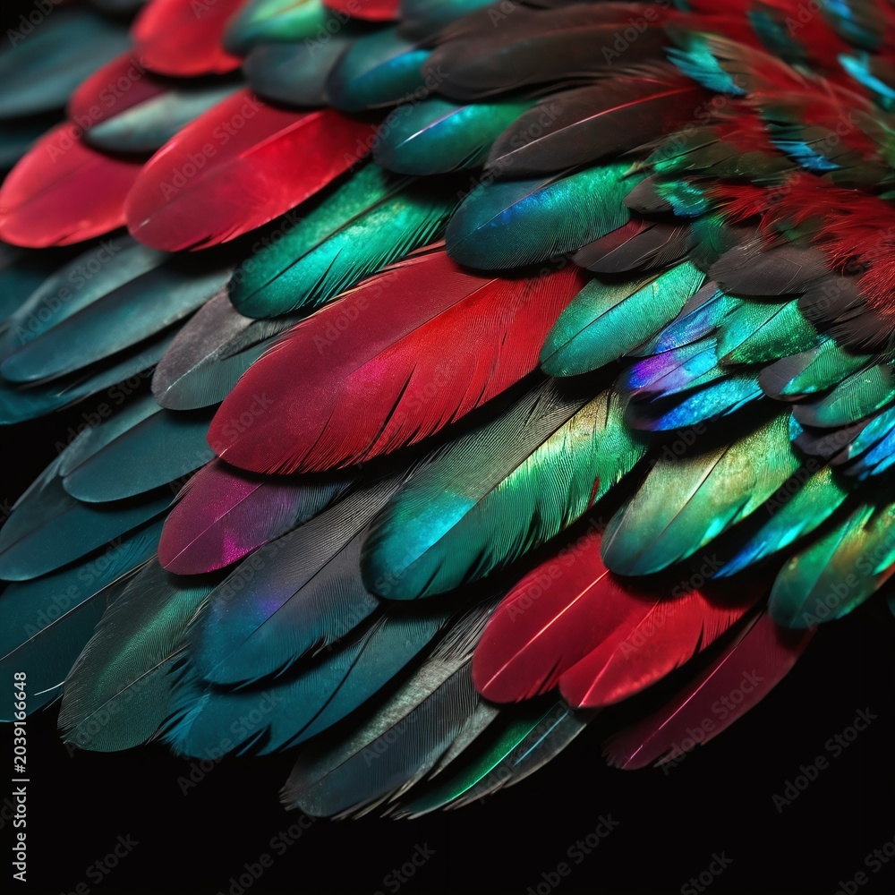 Obraz premium Hummingbird gorget iridescent ruby red feather close-up macro on dark surface, exotic bird tropical plumage concept