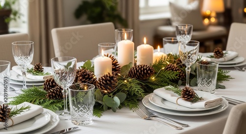 Elegant Christmas Table Setting Candles Greenery Centerpiece.