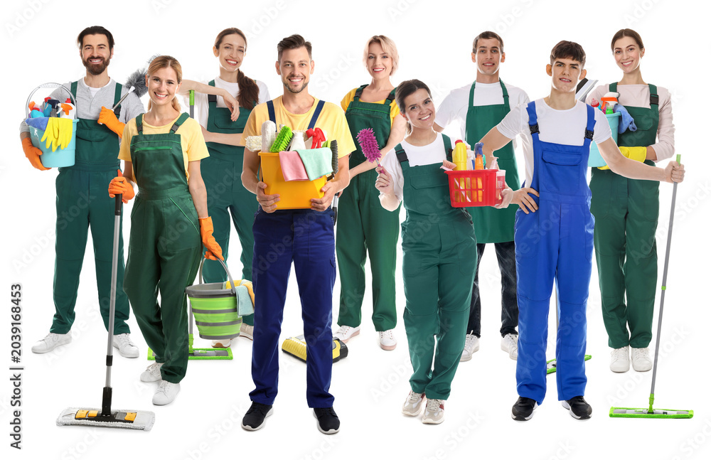 Obraz premium Group of cleaning service workers on white background