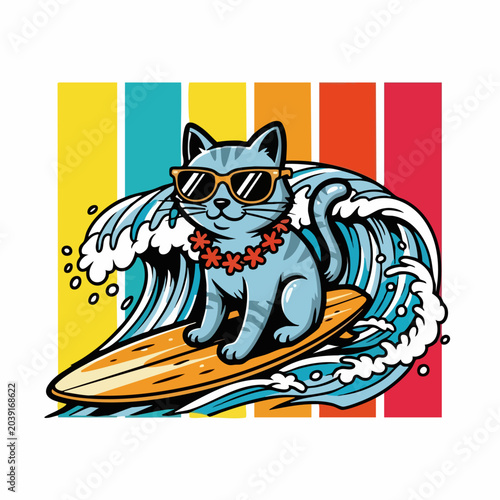 Blue Cat Surfing on Wooden Surfboard.