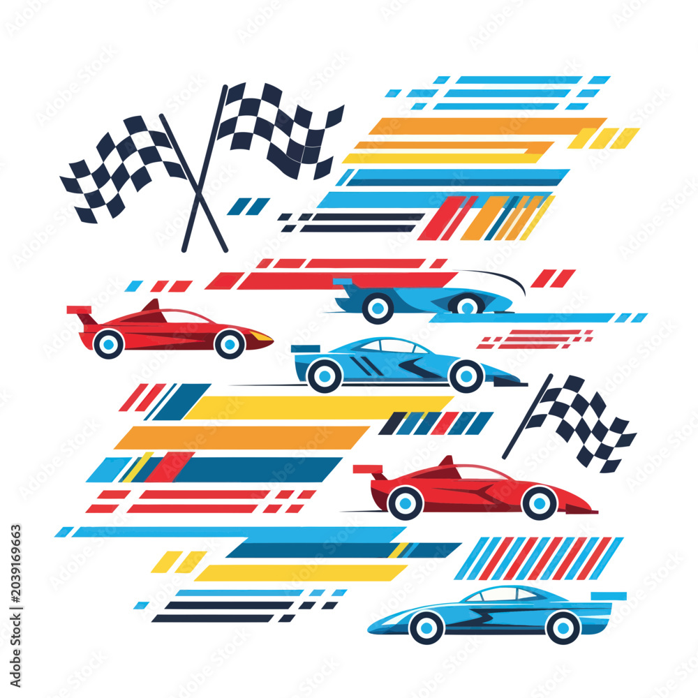 Obraz premium Fast Racing Cars Competition with Flags and Speed Lines