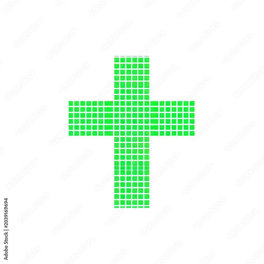 Fototapeta premium Green Pixelated Cross Symbol, Plus Sign, Health, Medical, Digital, Technology