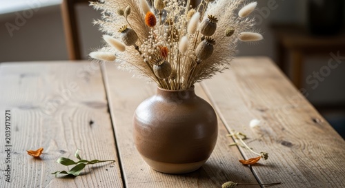 Rustic Dry Floral Arrangement in Ceramic Vase on Wooden Table.