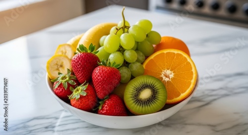Colorful Mixed Fruit Bowl With Strawberries Kiwi Grapes And Oranges.