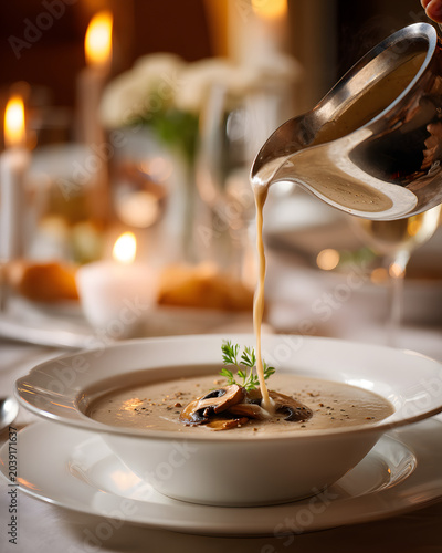 Creamy Mushroom Velouté Being Poured Tableside in a Cozy Candlelit Dining Setting
