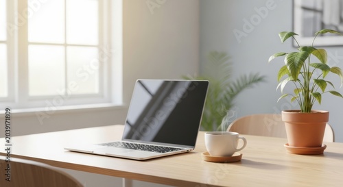 Bright Minimal Workspace with Laptop Plant and Coffee Mug.