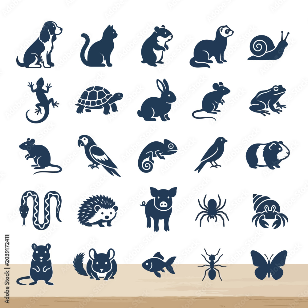 Fototapeta premium Extensive animal icon collection featuring a versatile possum vector. Diverse silhouettes of pets, wild animals, insects, and reptiles for modern design projects