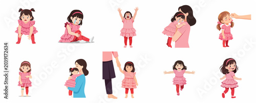 Foto Set of cute little girl character expressions and emotions from crying and sadne