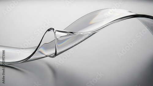 A close-up shot of a clear, transparent, wavy liquid or glass form against a light background, showcasing its smooth curves and reflections.