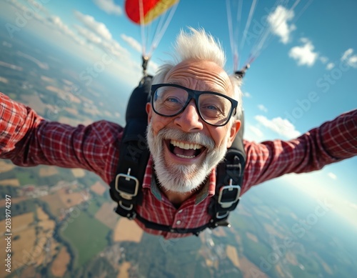 Elderly man joyfully skydives with guide overhead. He smiles widely with parachute open above vast landscape below. This tandem free fall shows pure freedom and thrill of adventure.