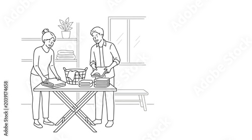Tableau sur toile Couple folding laundry and organizing household items on a table near a window,