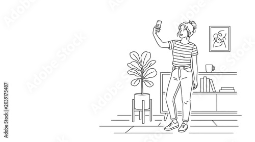 Valokuva A cheerful young woman in casual attire takes a selfie with her phone, surrounde