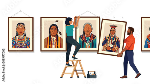 A woman standing on a wooden stepladder and a man are hanging large framed portraits of indigenous people on a blank wall in a professional gallery space setting.