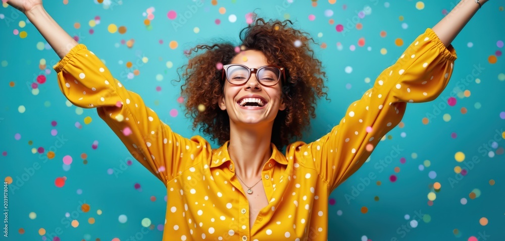 Obraz premium Woman with arms raised laughs joyfully in falling colorful confetti. She wears glasses and a yellow polka dot shirt against a bright teal backdrop, conveying pure elation and excitement.