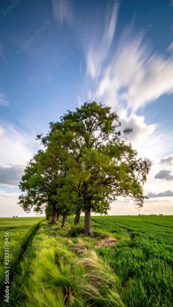 Fototapeta premium Lush Green Tree Standing in Vibrant Rural Field Under Dramatic Cloudy Sky