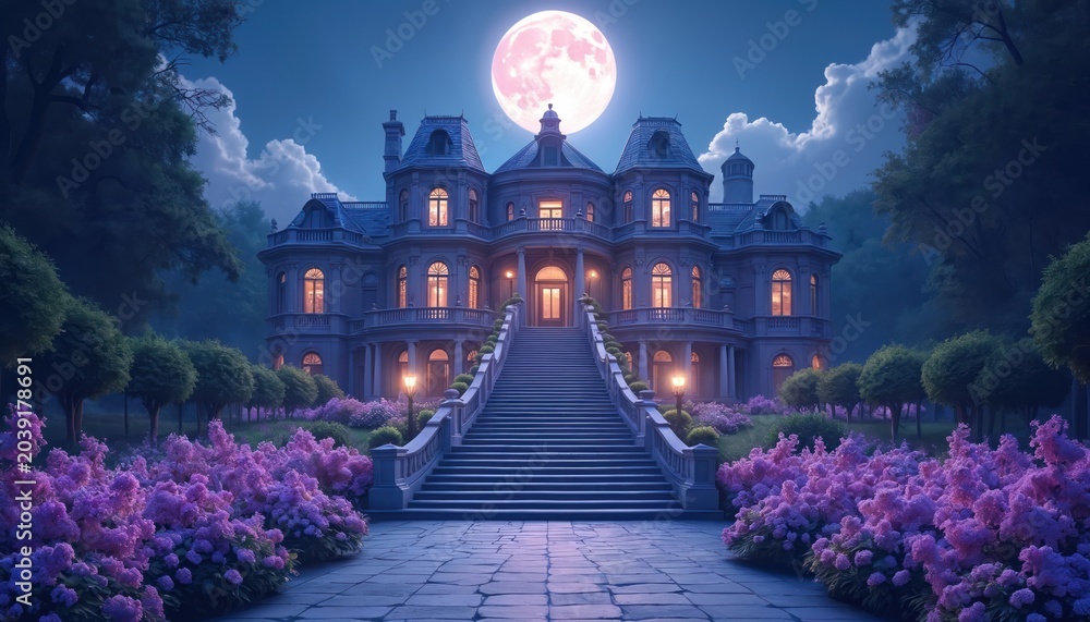 Obraz premium Majestic mansion with grand staircase and blooming gardens sits under a large pink moon. Lush trees surround the estate at nighttime. Lights glow warmly from windows.