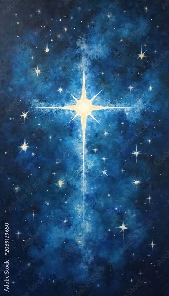 Obraz premium Bright star shines in deep blue starry sky with cosmic nebula clouds. Celestial art depicts space creation with glowing light beams. Fantasy universe, night backdrop.