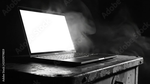 Black and white laptop with bright blank screen sitting on old rusty metal surface with smoke behind