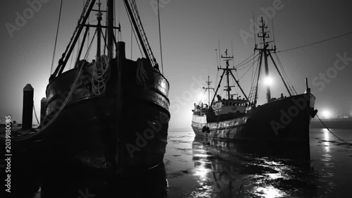 Black and white shot of fishing boats in a harbor at dusk with dim lights and water reflections.