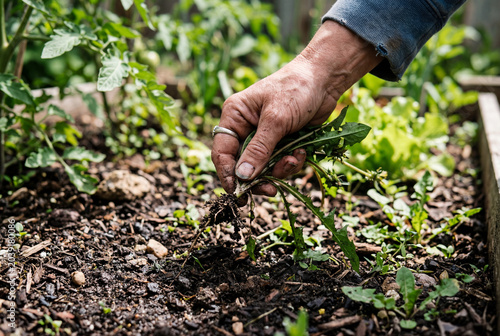 pulling weeds by hand in a garden