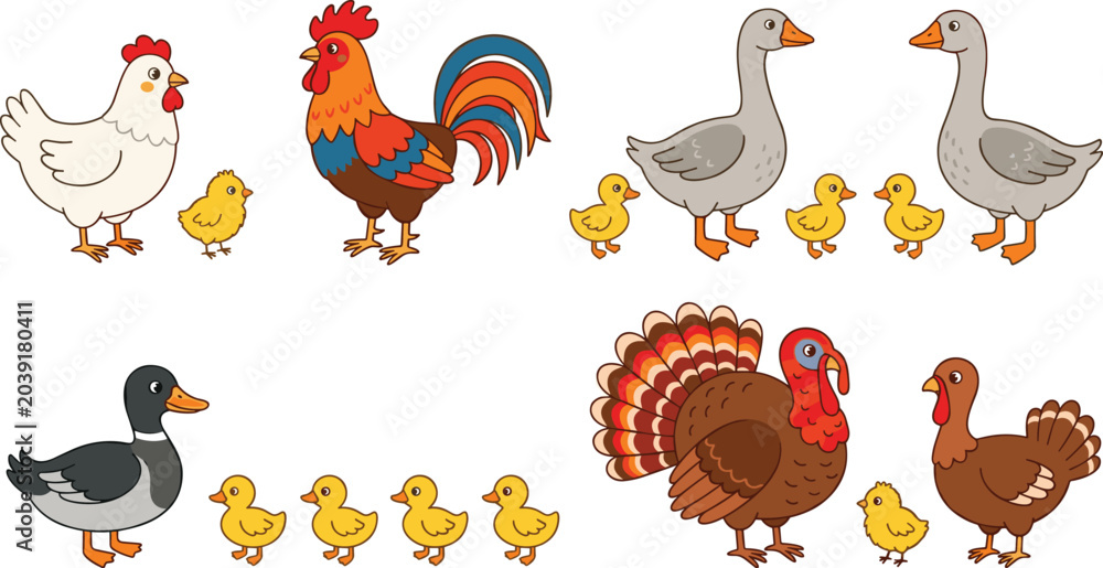 Obraz premium Cute Cartoon Farm Poultry Bird Character Set Featuring Hen Rooster Chicken Duck Goose And Turkey Family For Kids Educational Graphic Vector Designs