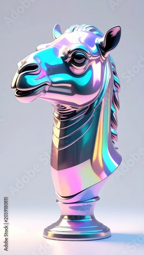 Iridescent Camel Head Sculpture Standing on Minimal Studio Background