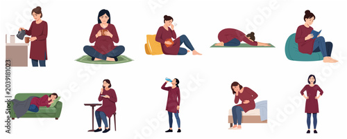 Canvas-taulu Set of Vector Illustrations Depicting a Woman Managing Menstruation Symptoms, Pe
