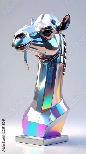 Iridescent Metallic Camel Head Sculpture Displayed on Minimal Studio Pedestal