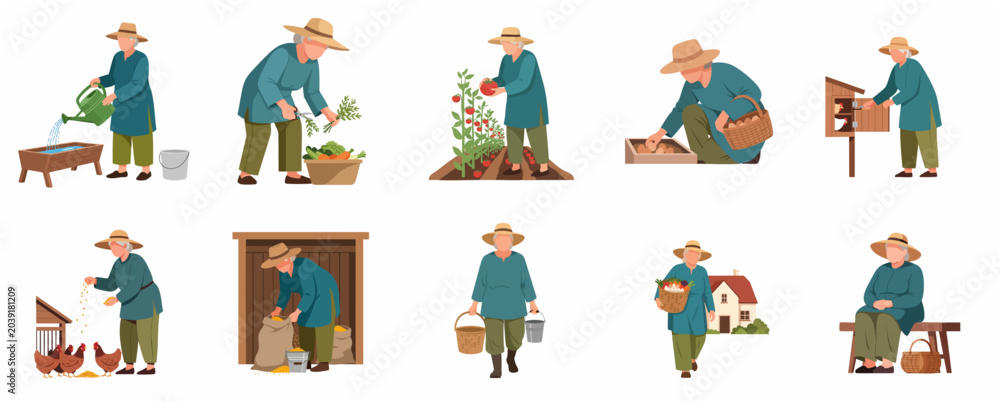 Fototapeta premium Elderly female farmer characters set engaging in various agricultural activities like harvesting vegetables, feeding chickens, and watering plants. Flat vector illustration on white.
