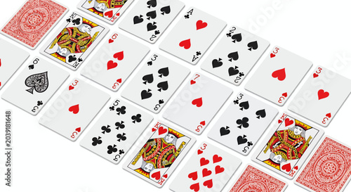 Vibrant spread of playing cards displaying colorful suits and patterns.