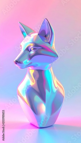Iridescent Fox Bust Sculpture Posed Against Pastel Studio Background
