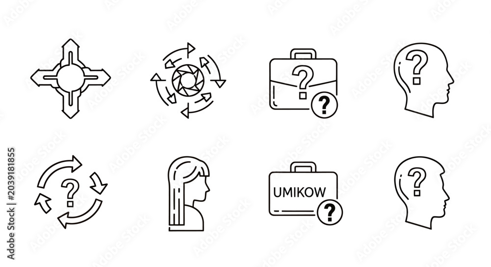 Fototapeta premium Set of vector line icons representing inquiry, learning, and curiosity concepts for knowledge exploration and thinking.