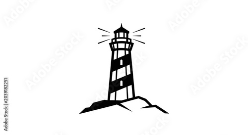 Schilderij op canvas Black and white lighthouse icon on rocks with light rays