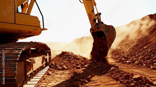 Powerful excavator digging into red earth under a bright midday sun, showcasing industrial might and construction work.