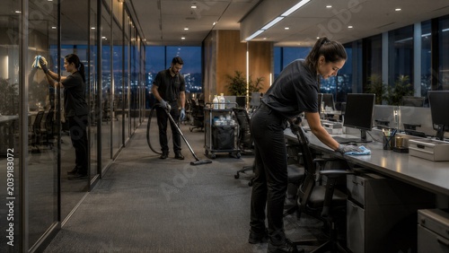 Office cleaning crew working diligently during the night. One person vacuums the carpet, another cleans a glass wall, and a third wipes down a desk with computers in the background