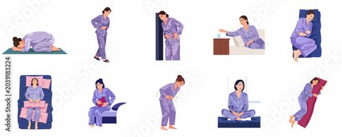 Canvastavla Vector illustration set of a woman suffering from menstrual cramps and stomach p