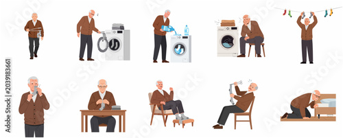Tableau sur toile Set of illustrations showing an elderly man performing household chores, laundry