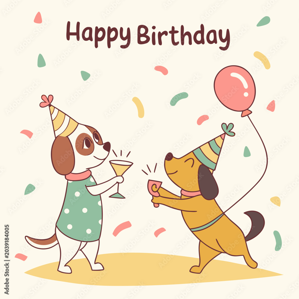 Fototapeta premium Happy Birthday postcard design with funny dogs celebrating holiday at the party. Greeting card with cute animals friends drinking alcohol cocktails and dancing together. Flat vector illustration