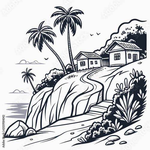 Fényképezés An ink sketch vector illustration of a tropical cliffside village with palm trees