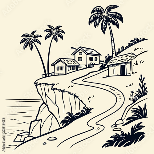 Vászonkép An ink sketch vector illustration of a tropical cliffside village with palm trees