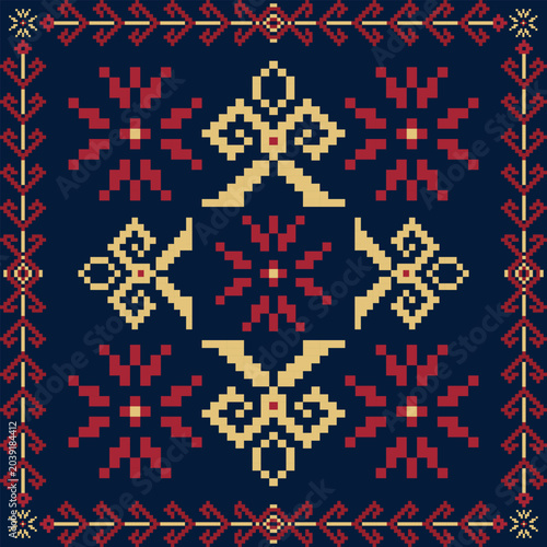 Geometric ethnic embroidery pattern with red and gold pixel ornaments on navy blue background. Traditional Slavic cross-stitch vector illustration for textile design, wallpaper, and greeting card back