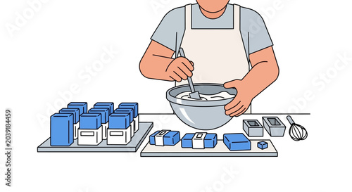 Photos Man in apron mixing ingredients.