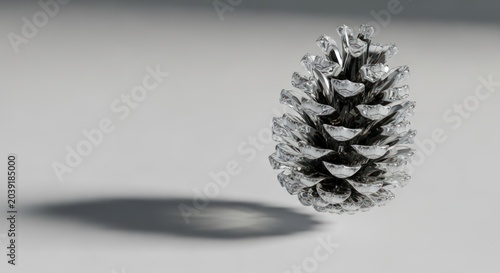 Shiny silver pinecone floating with shadow on gray background, studio shot