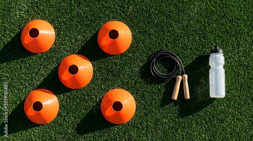 Flat lay top view of generic orange agility cones and skipping rope on artificial grass
