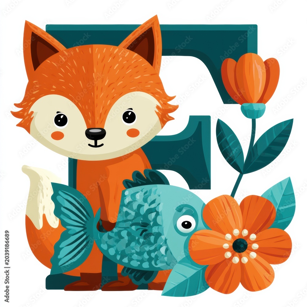 Fototapeta premium A colorful scene features a fox, fish, and flower arranged together illustrating the letter F using flat cartoon style on a white background.