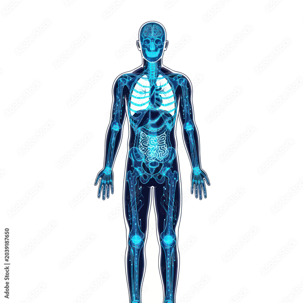 Fototapeta premium Human Anatomy: Glowing Blue Digital Skeleton and Organ System
